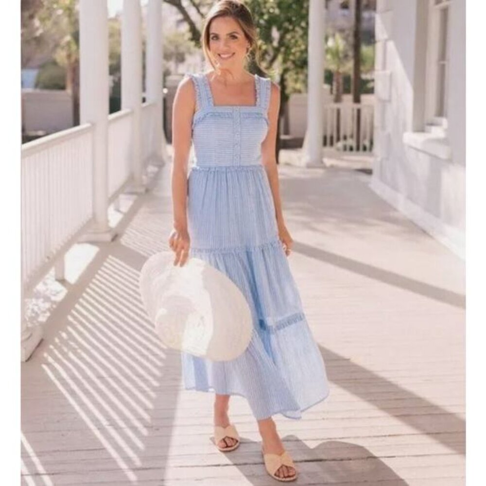 Gal Meets Glam Courtney Rio Stripe Blue Ruffle Maxi Dress Sundress